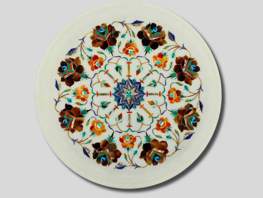 White Marble Serving Plate Handicraft Inlay Floral Arts